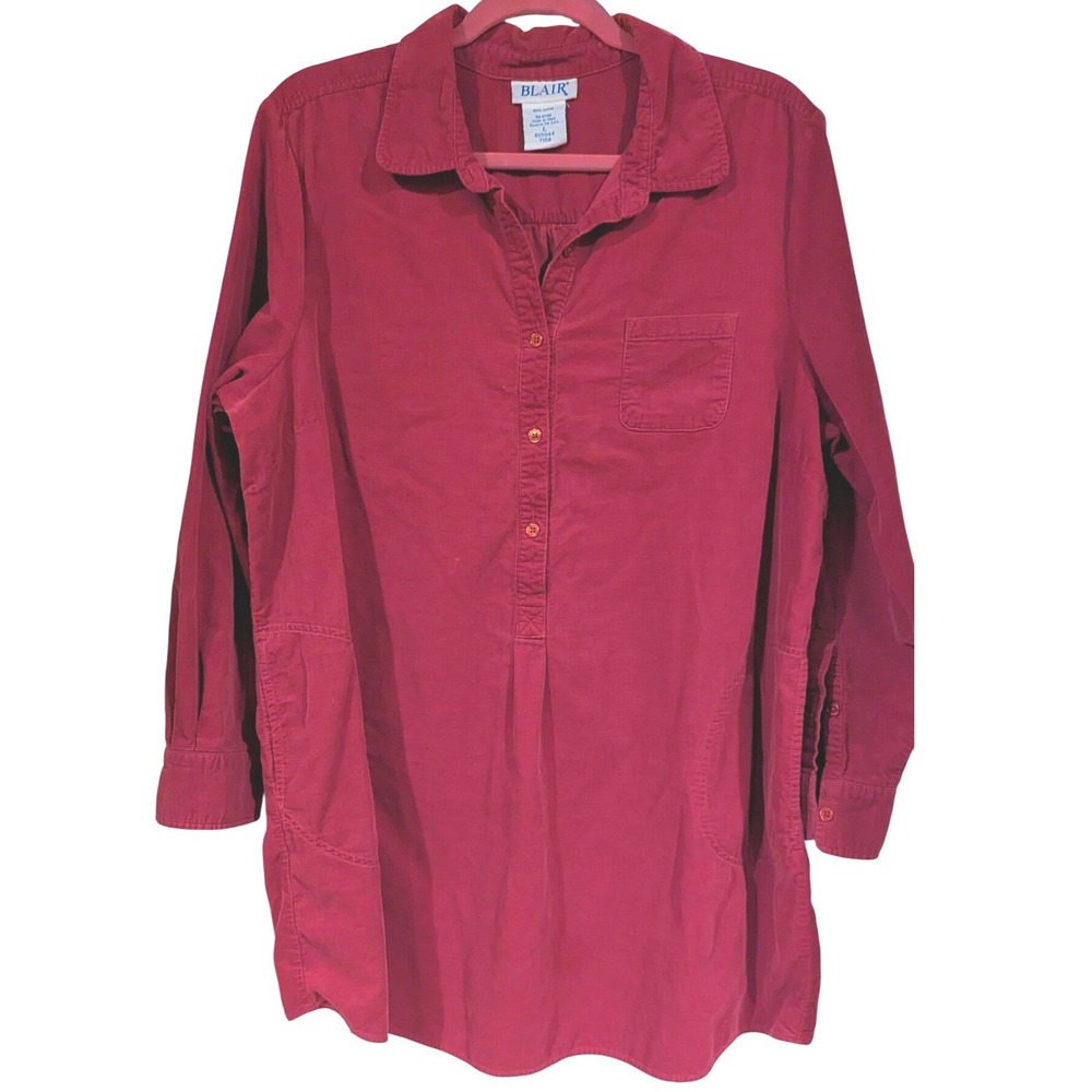 Blair Corduroy Tunic Shirt Large Burgundy Red Long Sleeve Pockets Cotton Vintage